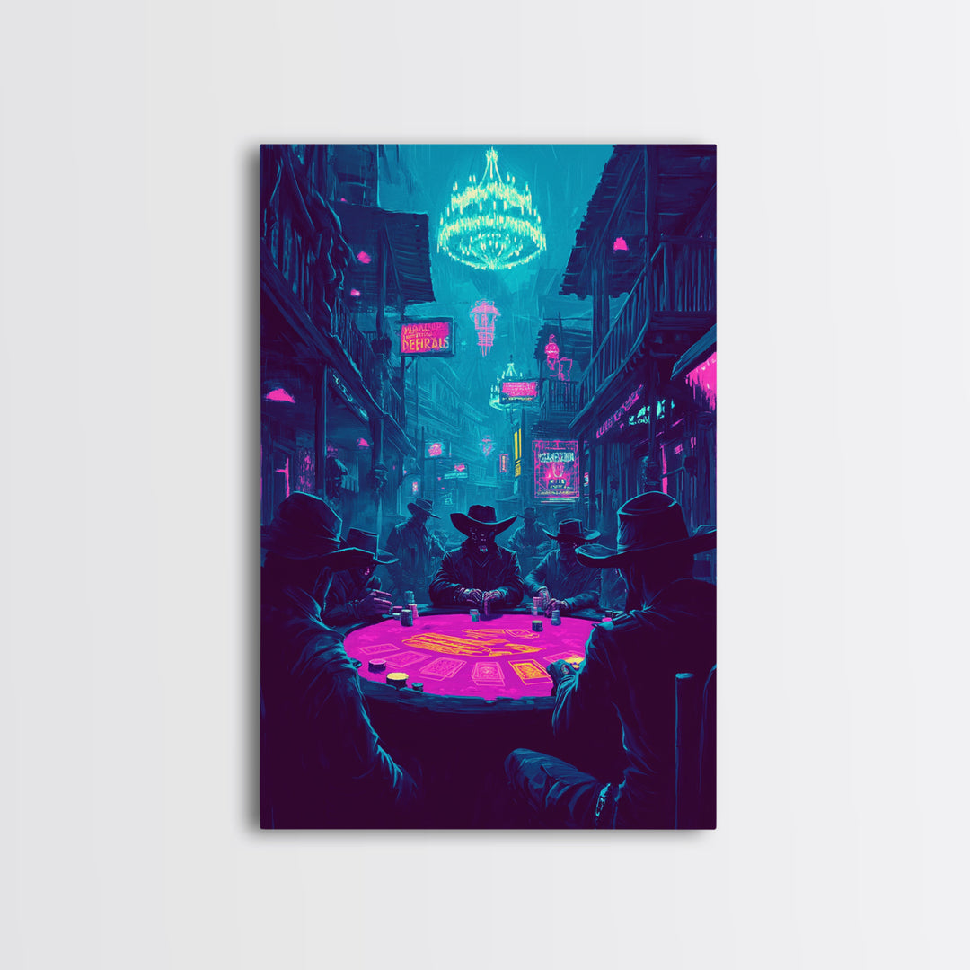 Neon Cyberpunk Poker Game With Cowboys Framed Canvas Print, Western Wall Art, Man Cave Decor, Gaming Room Poster Gift For Him