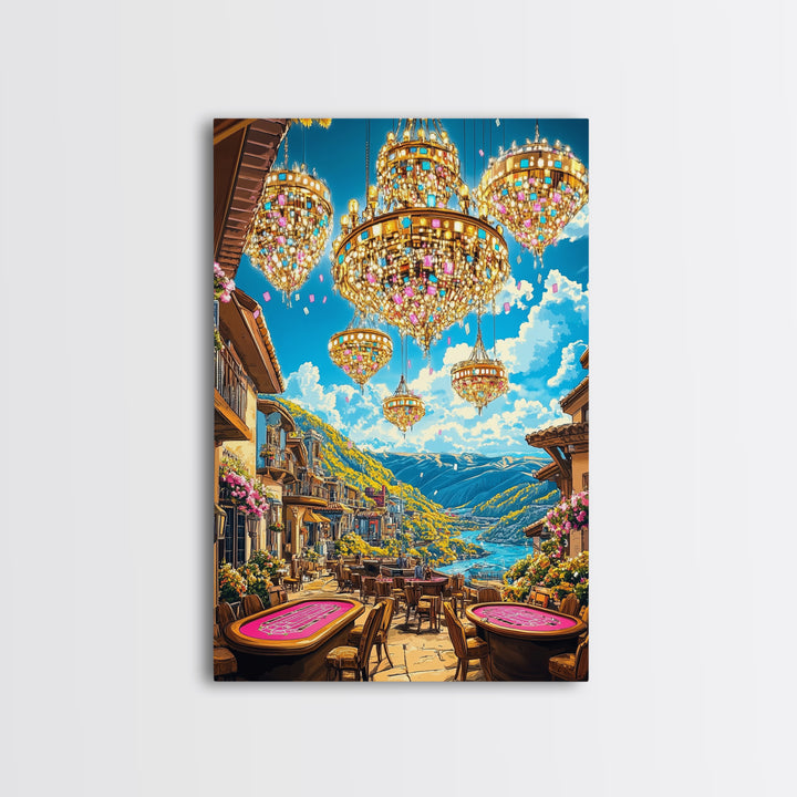 Jeweled Chandeliers Over Alpine Village Canvas Print, Whimsical Mountain Wall Art, Maximalist Luxury Home Decor, Statement Artwork