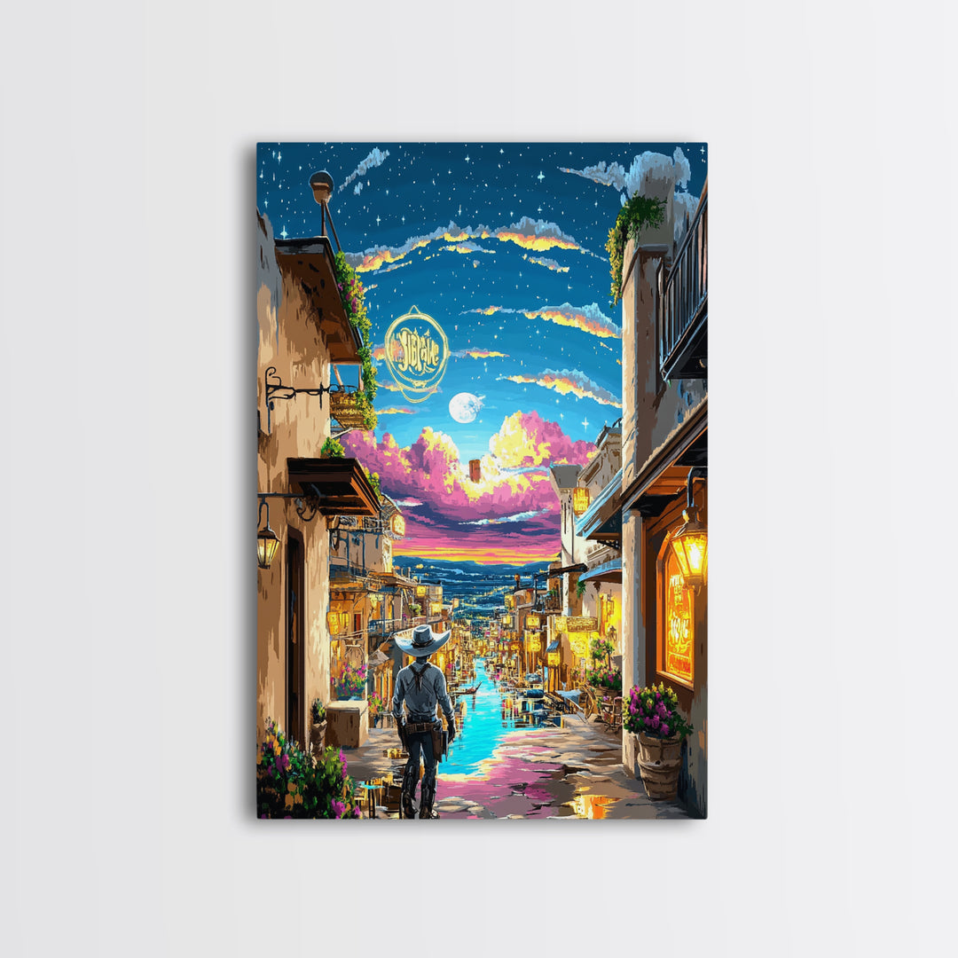 Moonlit Cowboy Canal Street Canvas Print, Western Wall Art, Neon Cityscape, Whimsical Travel Poster, Gift For Him, Living Room Decor