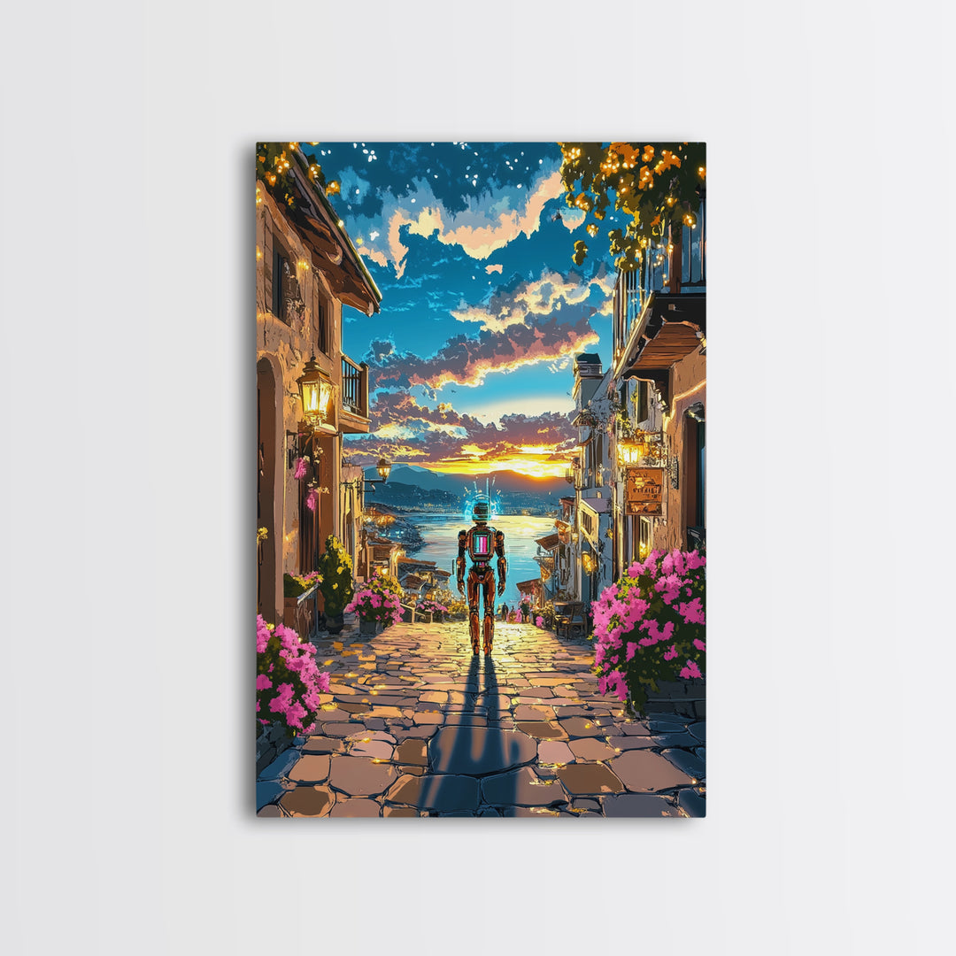 Astronaut In Sunset Coastal Village Framed Canvas Print, Sci Fi Wall Art, Futuristic Seascape, Gaming Room Decor, Unique Gift