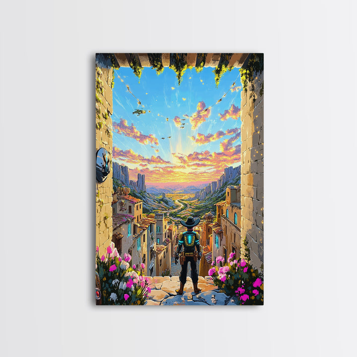 Robot Cowboy Canyon Gateway Canvas Print, Western Sci Fi Wall Art, Desert Landscape, Futuristic Home Office Decor, Gift For Him
