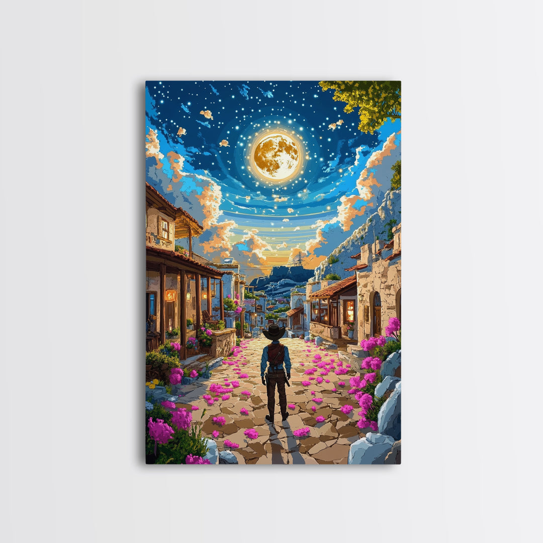 Golden Full Moon Village Path Canvas Print, Celestial Wall Art, Mediterranean Night Sky, Whimsical Bedroom Decor, Moon Art Print