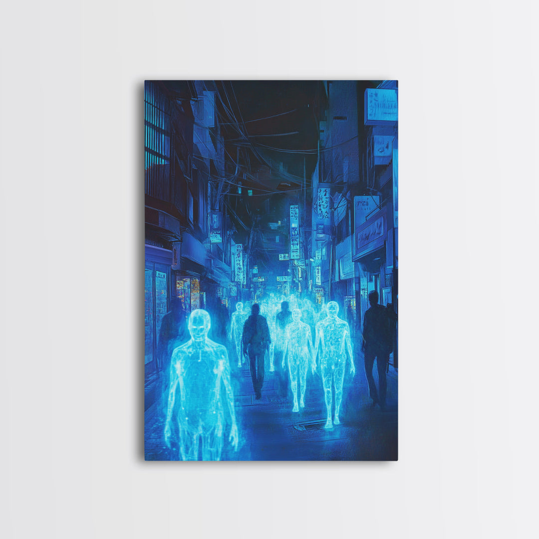 Blue Hologram Figures In Cyberpunk Alley Framed Canvas Print, Neon Wall Art, Sci Fi Cityscape, Gaming Room Decor, Futuristic Decor