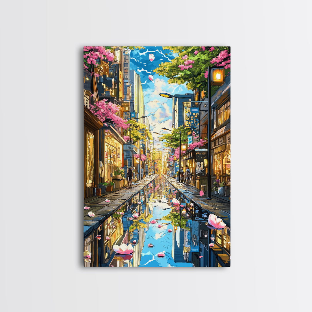 Cherry Blossom Rainy Tokyo Street Canvas Print, Japanese Wall Art, Urban Cityscape, Spring Gallery Wall Decor, Living Room Decor