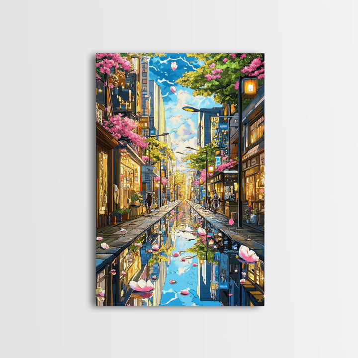 Cherry Blossom Rainy Tokyo Street Canvas Print, Japanese Wall Art, Urban Cityscape, Spring Gallery Wall Decor, Living Room Decor