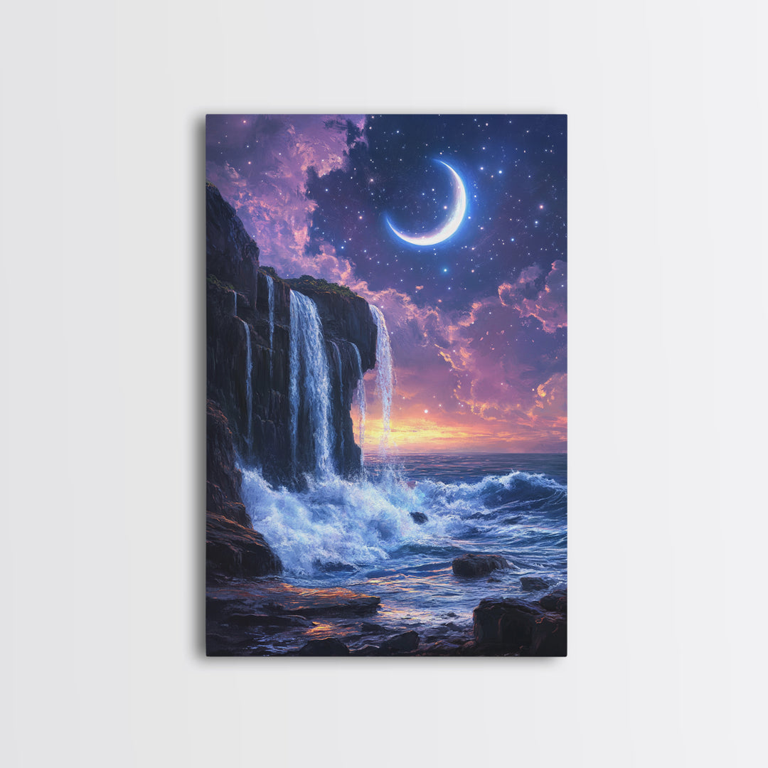 Crescent Moon Waterfall Ocean Canvas Print, Celestial Wall Art, Fantasy Seascape, Coastal Bedroom Decor, Starry Night Sky, Gift For Her