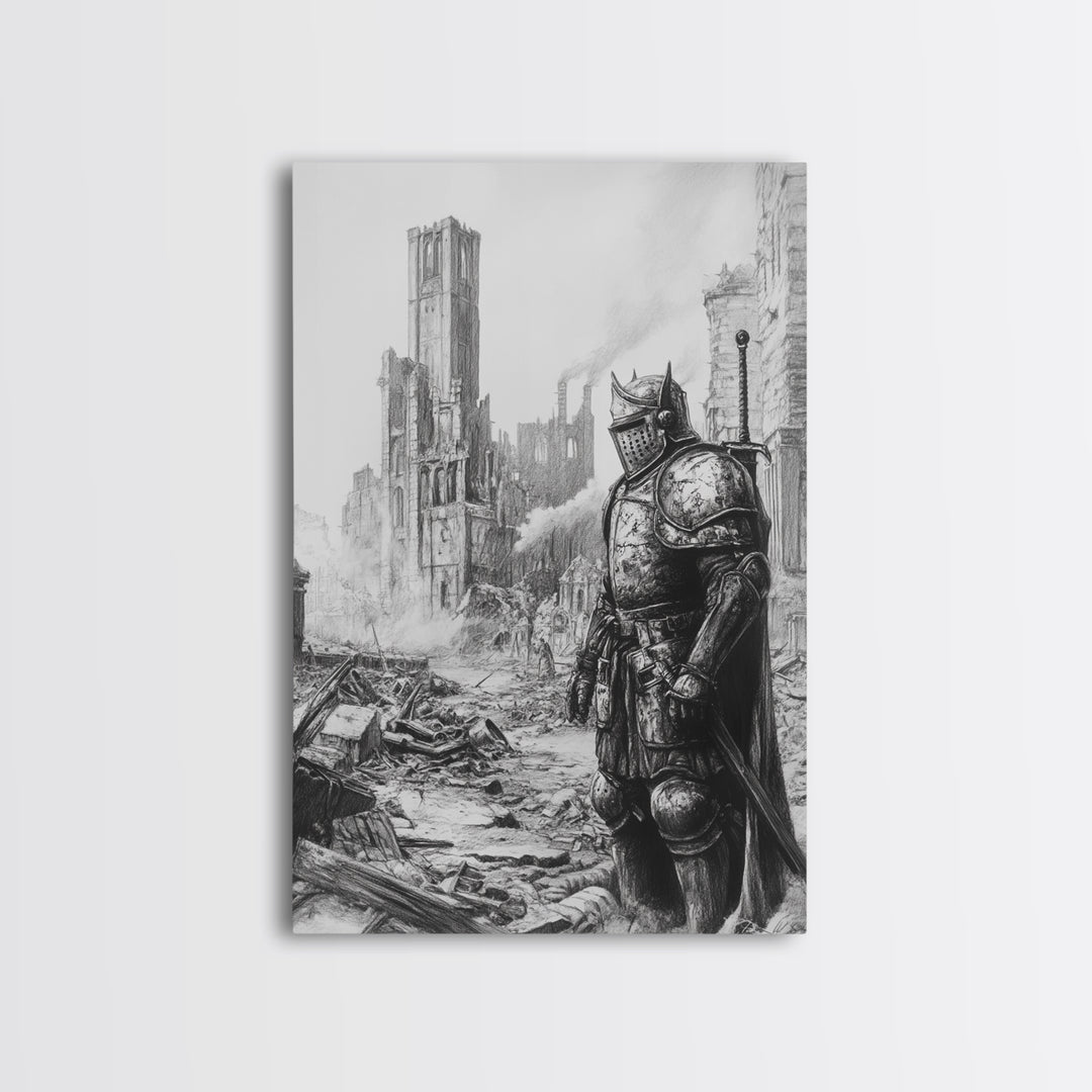 Black And White Armored Knight In Ruined Gothic City Wall Art, Dark Fantasy Medieval Warrior Print For Office Decor