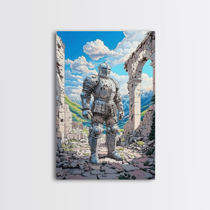 Polished Silver Knight In Alpine Ruins Canvas Print, Fantasy Warrior Mountain Landscape Art For Game Room Decor Gift For Him