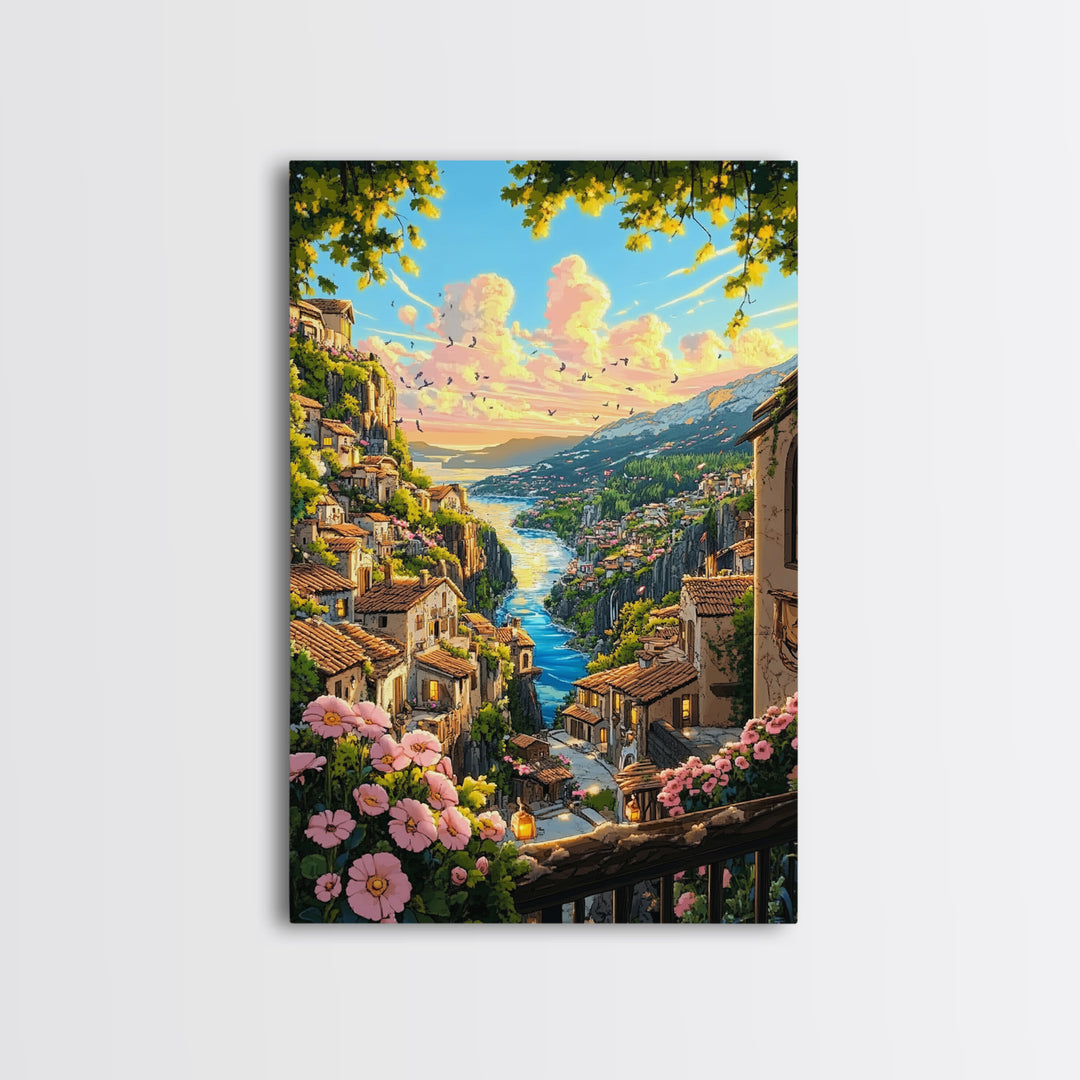 Sunlit Italian Cliff Village With River And Flowers Framed Canvas Print, Mediterranean Landscape Wall Decor Gift For Her