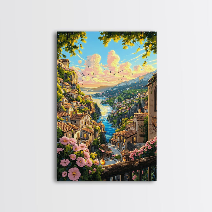 Sunlit Italian Cliff Village With River And Flowers Framed Canvas Print, Mediterranean Landscape Wall Decor Gift For Her