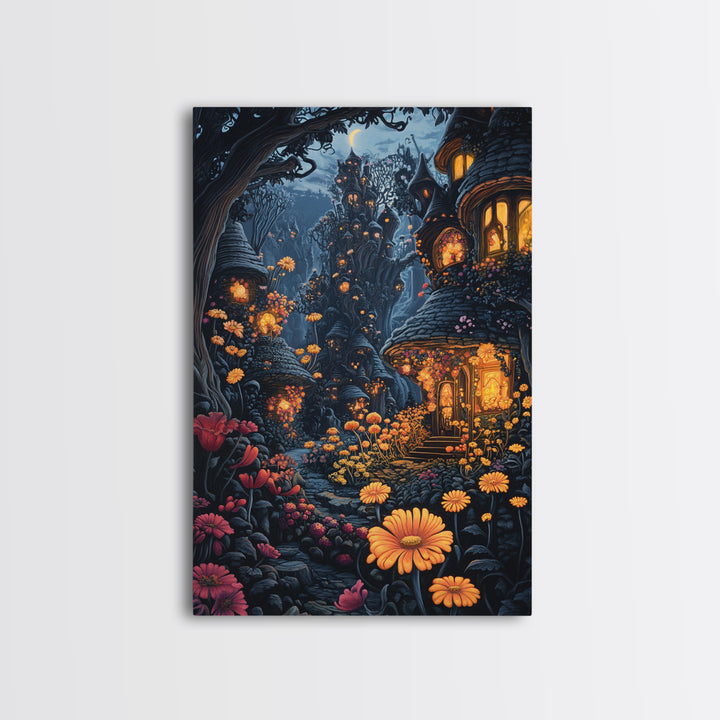 Dark Enchanted Forest Village With Glowing Flower Windows Wall Art, Gothic Fairy Tale Fantasy Canvas Print For Moody Decor