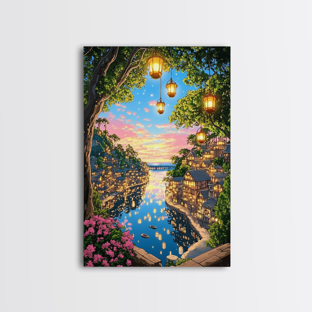 Lantern Lit Sunset Harbor Village Wall Art, Romantic Coastal Landscape Canvas Print For Living Room Decor And Housewarming Gift