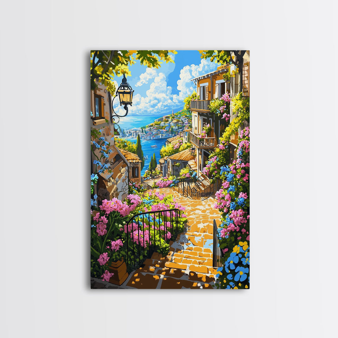 Mediterranean Coastal Stairway With Bougainvillea Canvas Print, Travel Poster Wall Art, Colorful Living Room Decor Housewarming Gift