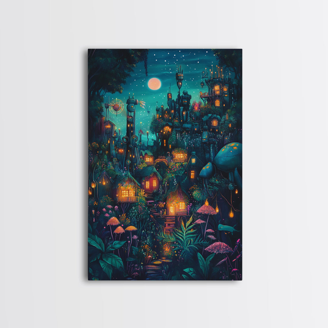 Moonlit Steampunk Mushroom City With Glowing Lanterns Canvas Print, Dark Fantasy Wall Art, Maximalist Decor Gift For Him