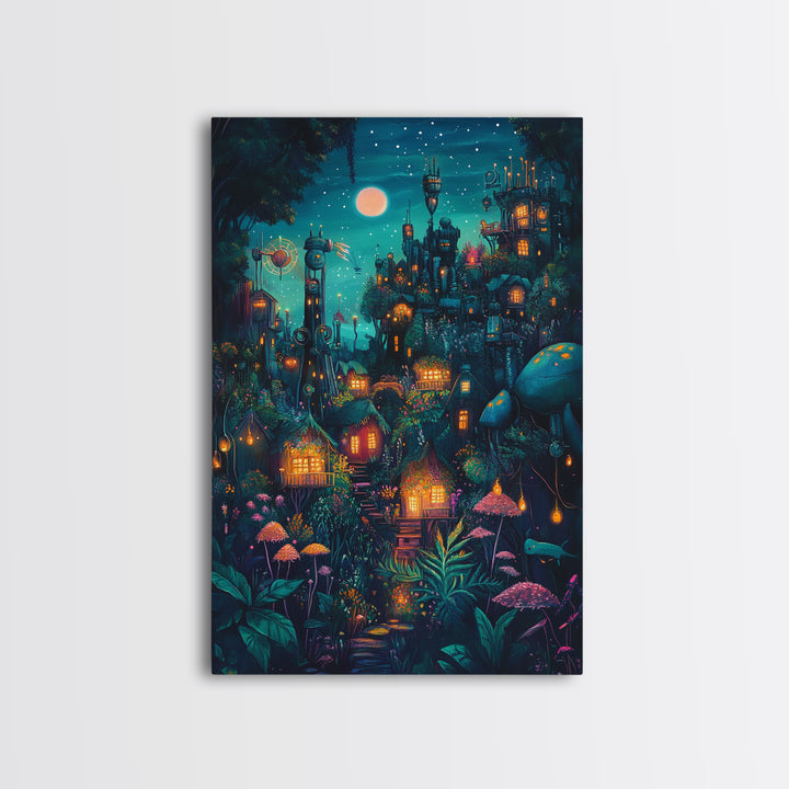 Moonlit Steampunk Mushroom City With Glowing Lanterns Canvas Print, Dark Fantasy Wall Art, Maximalist Decor Gift For Him