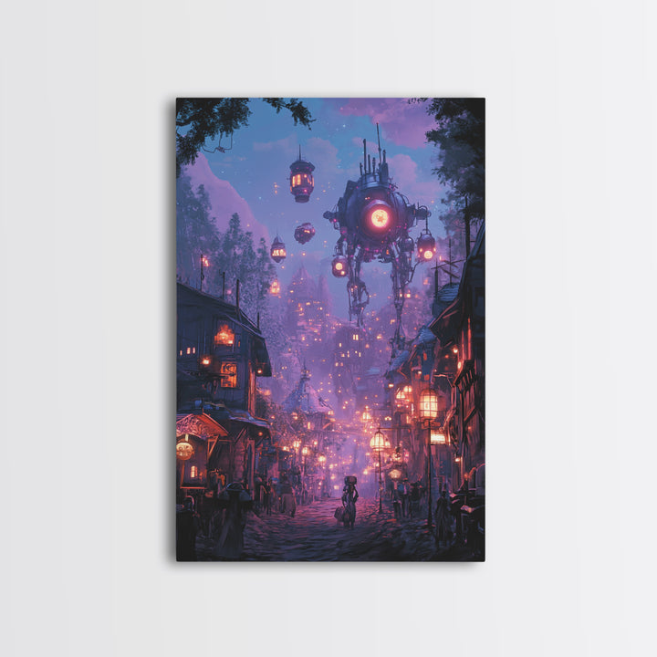 Purple Cyberpunk Village With Floating Machines Canvas Print, Sci Fi Wall Art, Futuristic Gaming Room Decor Gift For Him