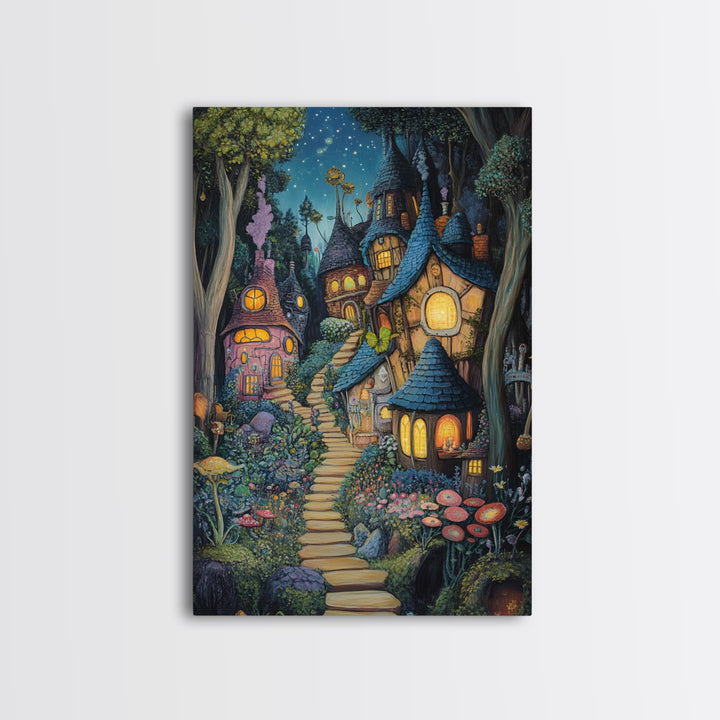 Whimsical Mushroom Fairy Village At Starlit Night Canvas Print, Fairy Tale Wall Art, Nursery Decor Housewarming Gift For Her