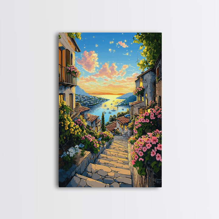 Sunlit Mediterranean Village Stairway Canvas Print, Coastal Wall Art, Italy Decor, Summer Travel Poster, Living Room Decor