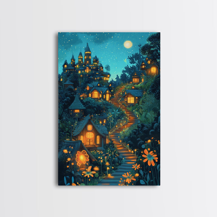 Moonlit Enchanted Village Wall Art, Whimsical Fairy Tale Castle, Fantasy Art Print, Nursery Decor, Cozy Bedroom Wall Decor