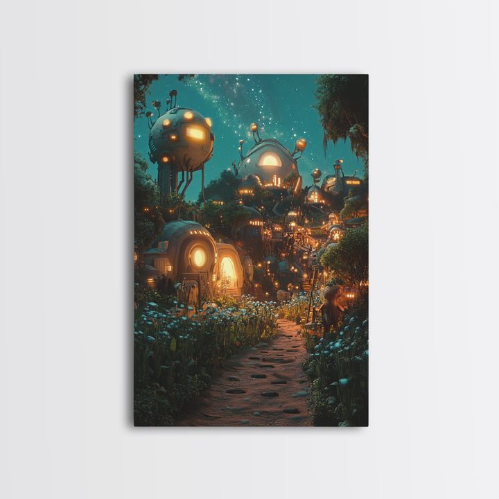 Glowing Futuristic Forest Village Canvas Print, Sci Fi Wall Art, Cyberpunk Decor, Unique Fantasy Landscape, Gaming Room Decor
