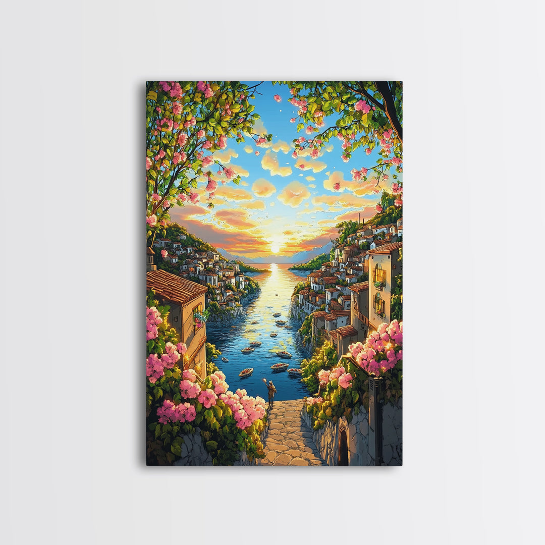 Golden Coastal Canal Village Framed Canvas Print, Mediterranean Wall Art, Italy Travel Poster, Summer Decor, Housewarming Gift