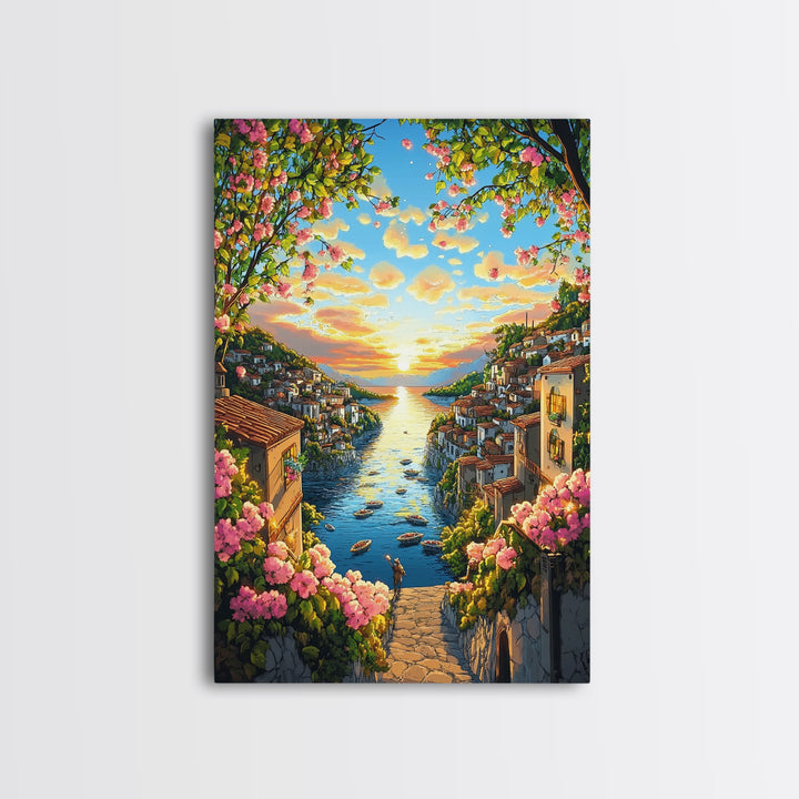 Golden Coastal Canal Village Framed Canvas Print, Mediterranean Wall Art, Italy Travel Poster, Summer Decor, Housewarming Gift