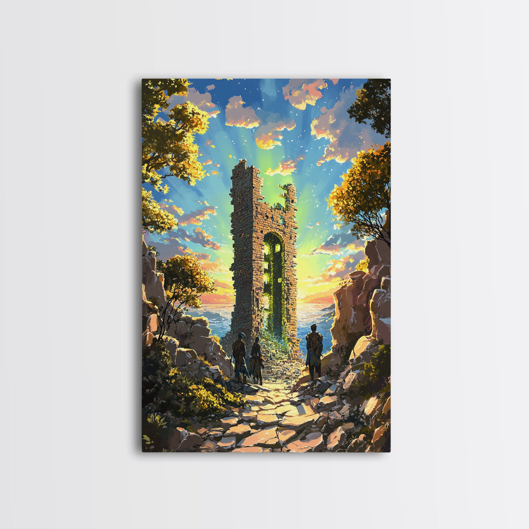 Sunset Ruined Stone Tower Canvas Print, Fantasy Landscape Wall Art, Coastal Castle Poster, Adventure Decor, Living Room Art