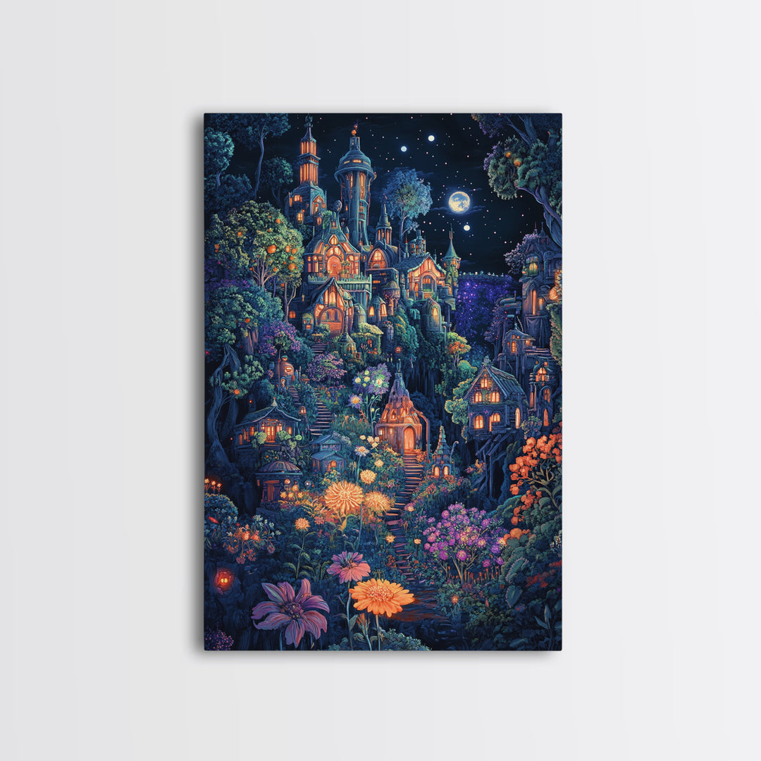 Moonlit Magical Garden Village Wall Art, Whimsical Fantasy Castle Canvas Print, Dark Botanical Decor, Maximalist Room Art