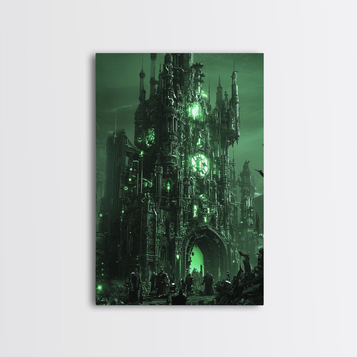 Emerald Gothic Citadel Framed Canvas Print, Dark Fantasy Wall Art, Green Castle Decor, Moody Office Art, Gothic Home Decor