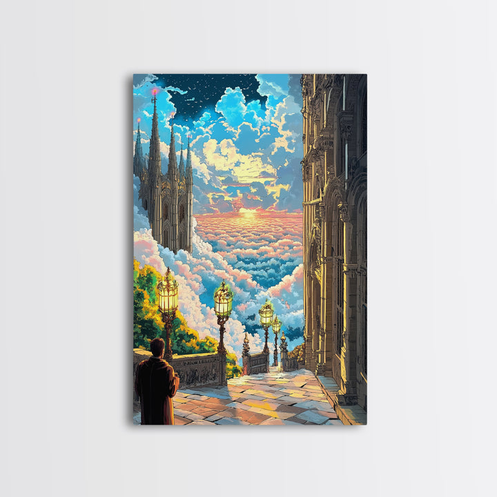 Celestial Cloud City Stairway Framed Canvas Print, Fantasy Wall Art, Sky Castle Decor, Dreamy Landscape, Bedroom Wall Decor