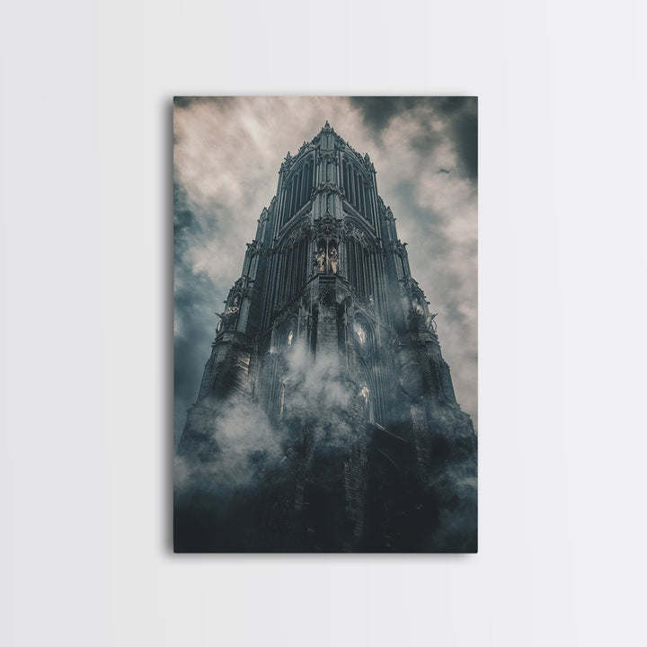 Foggy Gothic Cathedral Tower Wall Art, Dark Academia Fantasy Castle Print, Moody Architecture Decor, Gothic Wall Decor Print