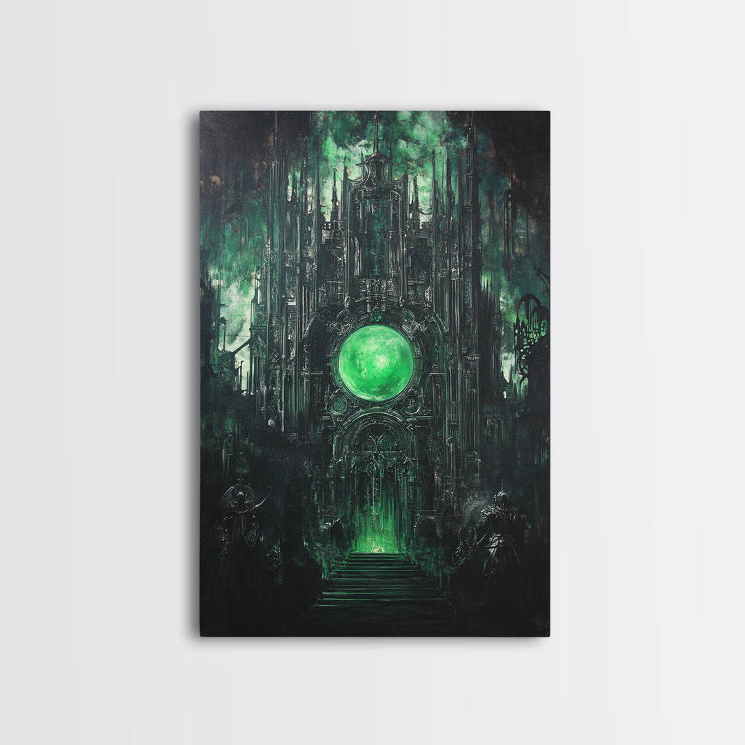 Emerald Orb Gothic Sanctuary Canvas Print, Dark Fantasy Wall Art, Occult Castle Decor, Moody Green Architecture Poster Print