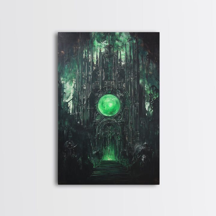 Emerald Orb Gothic Sanctuary Canvas Print, Dark Fantasy Wall Art, Occult Castle Decor, Moody Green Architecture Poster Print
