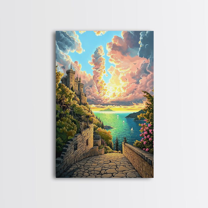 Sunset Castle Coast Path Wall Art, Mediterranean Seascape Canvas Print, Colorful Coastal Decor, Fantasy Landscape Art Print