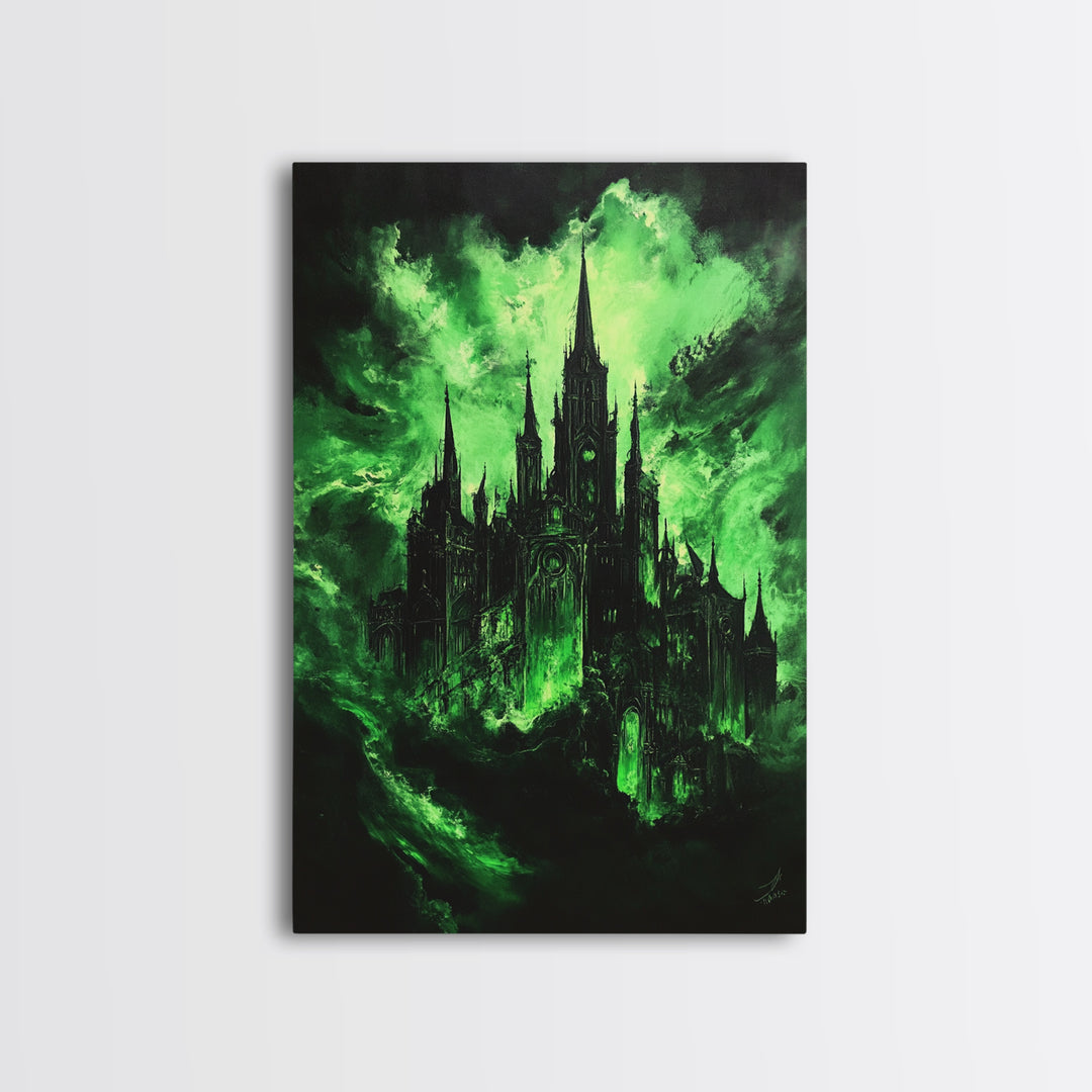 Green Haunted Gothic Cathedral Wall Art, Dark Fantasy Castle Canvas Print, Witchy Decor, Moody Black And Green Poster Print
