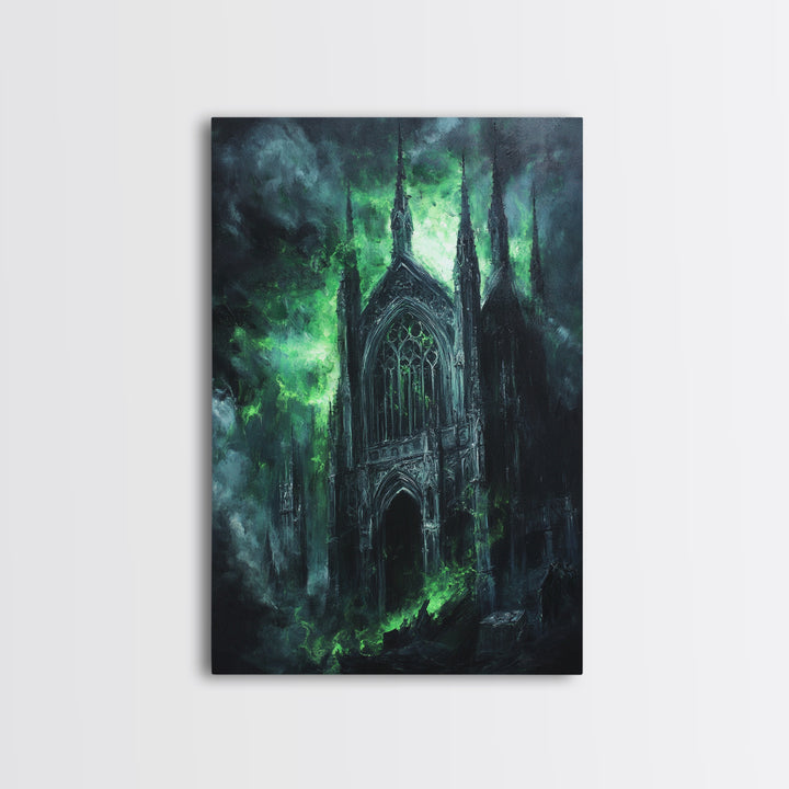 Misty Gothic Church In Green Fog Framed Canvas Print, Dark Academia Wall Art, Haunted Chapel Decor, Fantasy Architecture