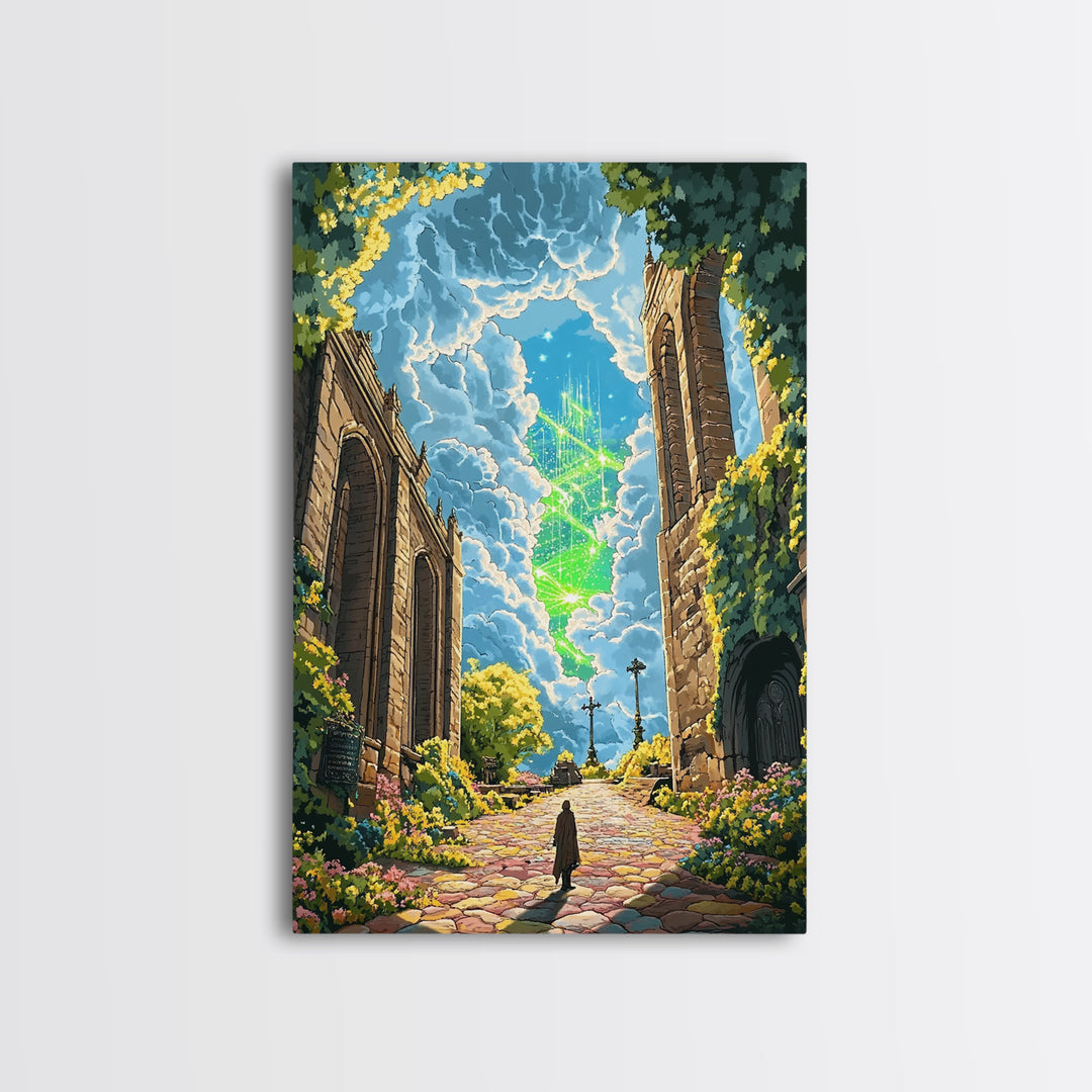 Glowing Crystal Towers Above Ruins Wall Art, Fantasy City Canvas Print, Whimsical Garden Decor, Magical Architecture Poster