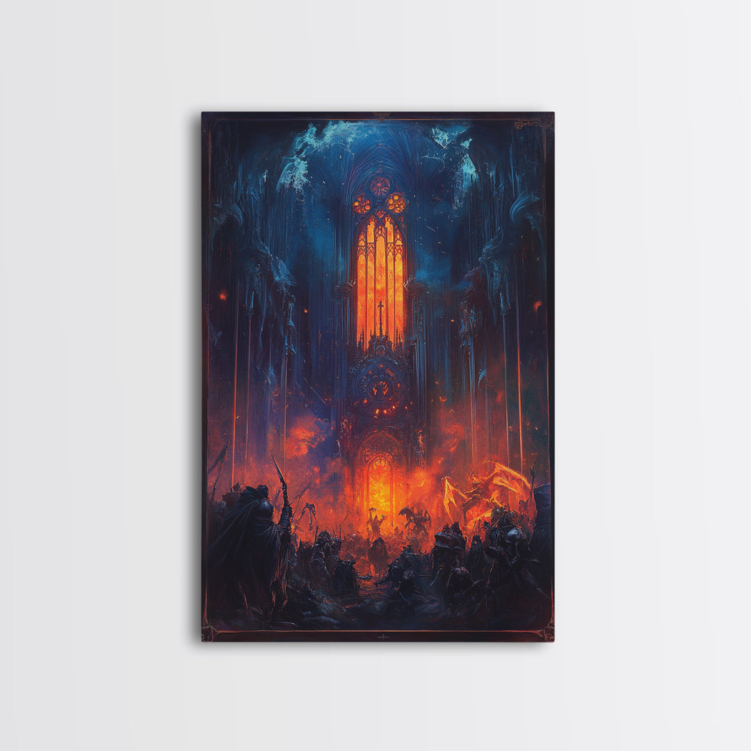Fiery Gothic Cathedral Battle Canvas Print, Dark Fantasy Wall Art, Medieval Warrior Decor, Dramatic Red And Blue Poster Print