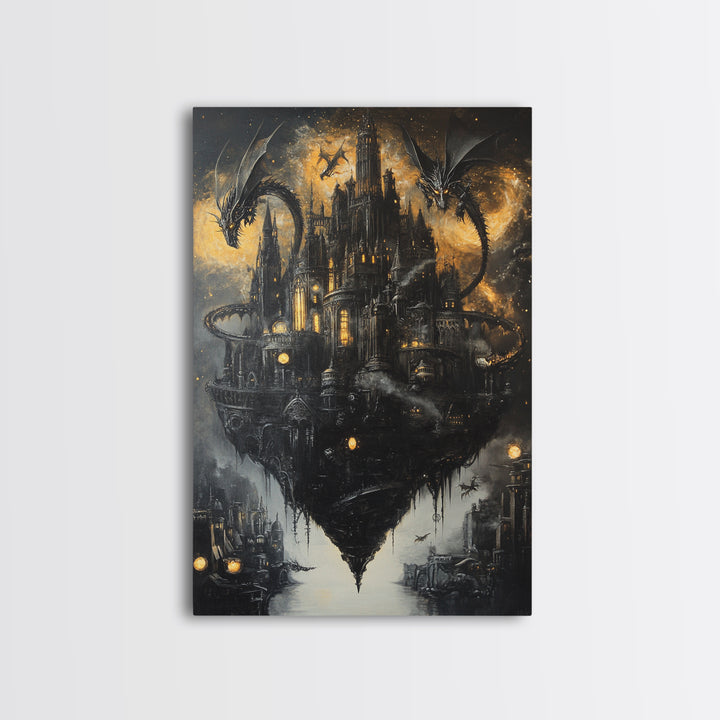 Floating Gothic Dragon Castle Wall Art, Dark Fantasy Canvas Decor, Moody Medieval Citadel Print, Gothic Home Decor Gift