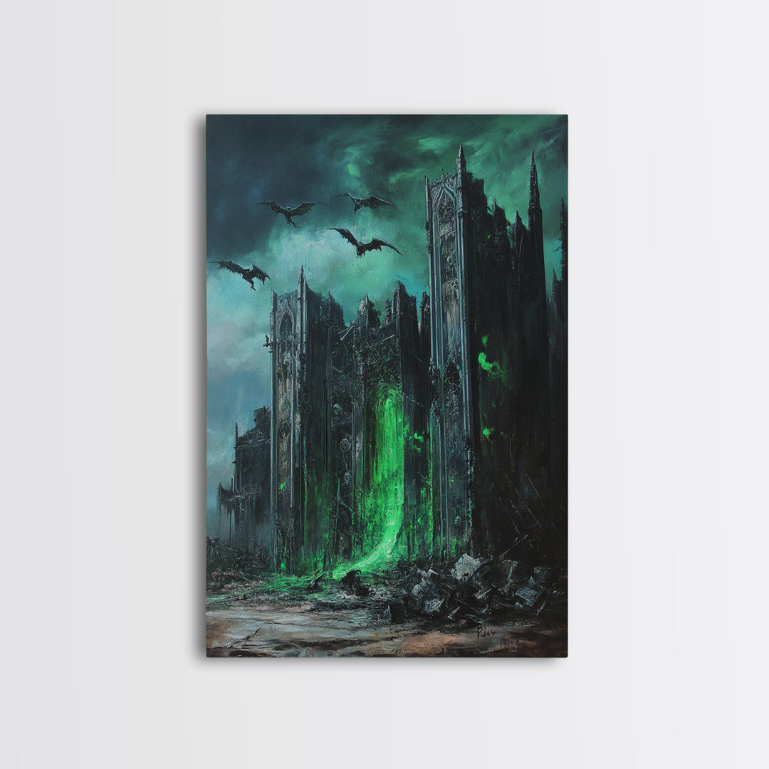 Green Portal Gothic Cathedral Wall Art, Dark Fantasy Ruins Print, Dragon Raven Decor, Moody Gothic Home Decor Gift For Him
