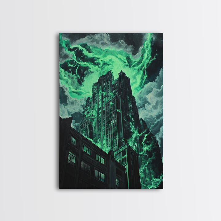 Emerald Storm Skyscraper Wall Art, Dark Urban Fantasy Print, Gothic City Lightning Decor, Moody Office Wall Decor, Home Decor Gift