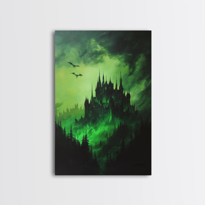Haunted Green Forest Castle Wall Art, Dark Fantasy Gothic Print, Moody Spooky Decor, Witchy Home Decor, Gothic Wall Decor Gift
