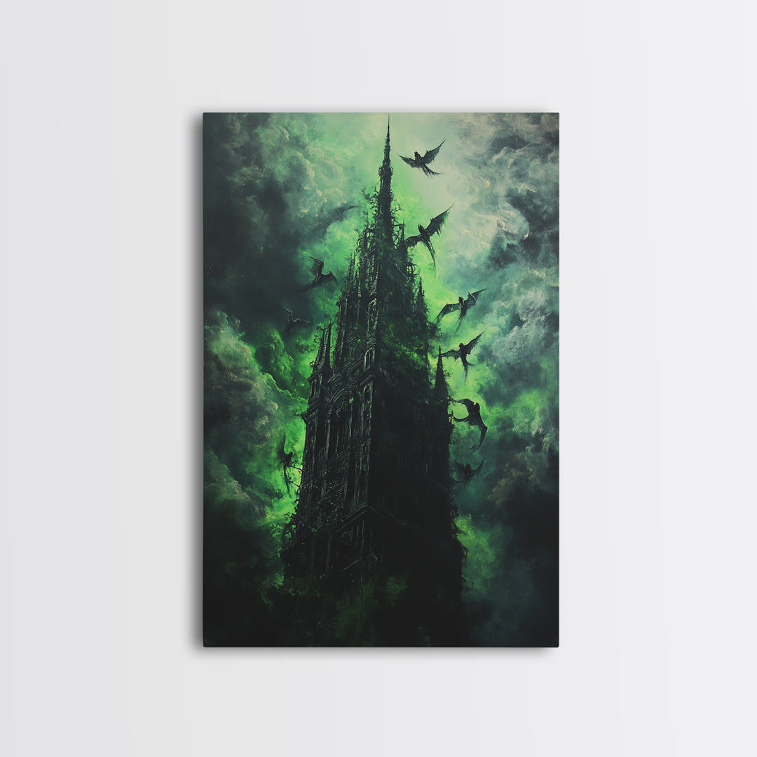 Shadowed Gothic Tower Wall Art, Green Storm Dragon Print, Dark Fantasy Castle Decor, Moody Gothic Home Decor Gift For Him
