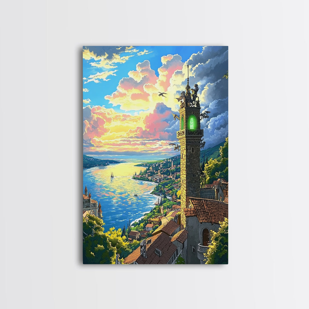 Glowing Coastal Tower At Sunset Canvas Print, Fantasy Seascape Wall Art, Mediterranean Landscape, Living Room Decor, Housewarming Gift
