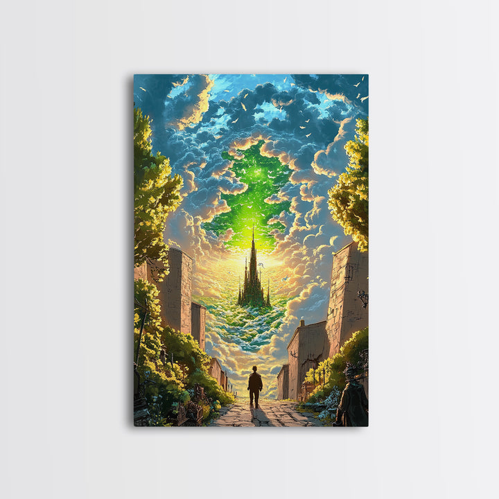 Emerald Sky Castle Above City Street Canvas Print, Surreal Fantasy Wall Art, Mystical Cloudscape, Home Office Decor, Unique Gift