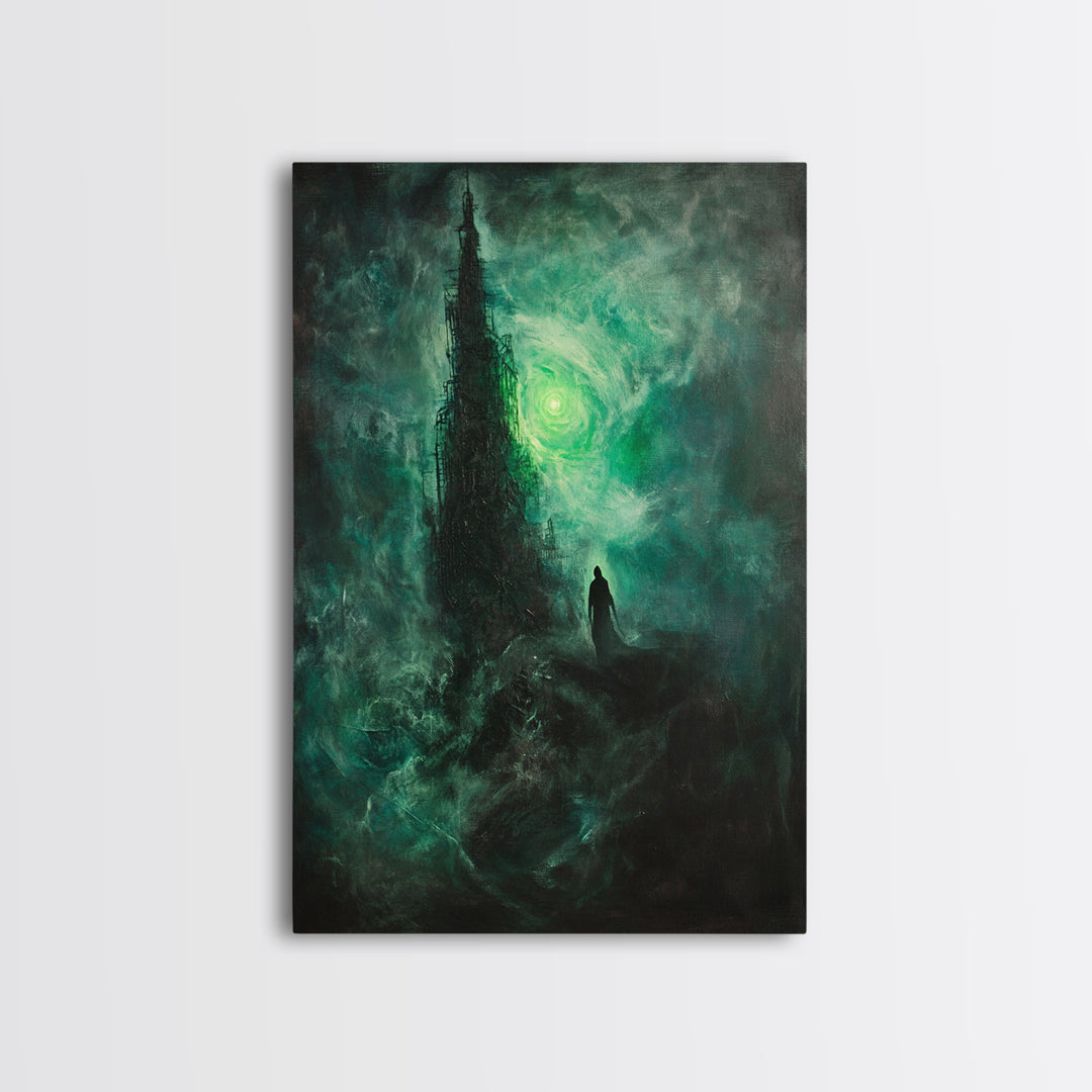 Dark Emerald Spire And Lone Wanderer Wall Art, Gothic Fantasy Canvas Print, Moody Surreal Landscape, Dark Academia Decor