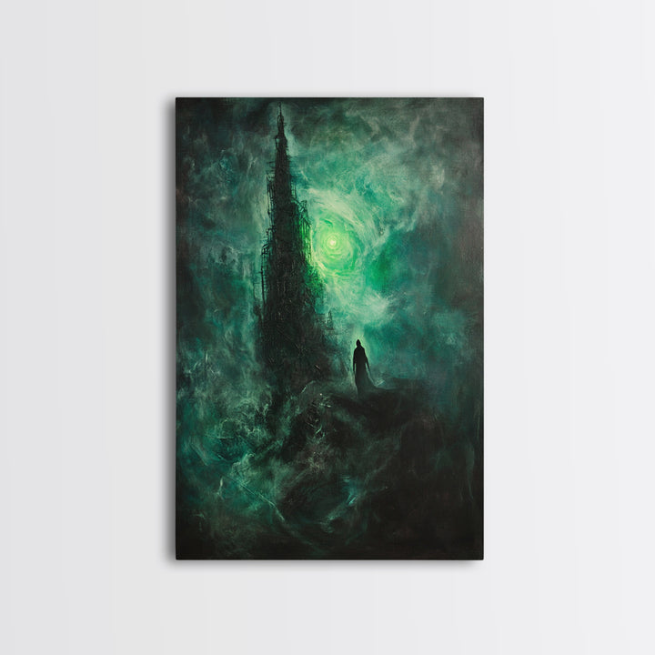 Dark Emerald Spire And Lone Wanderer Wall Art, Gothic Fantasy Canvas Print, Moody Surreal Landscape, Dark Academia Decor