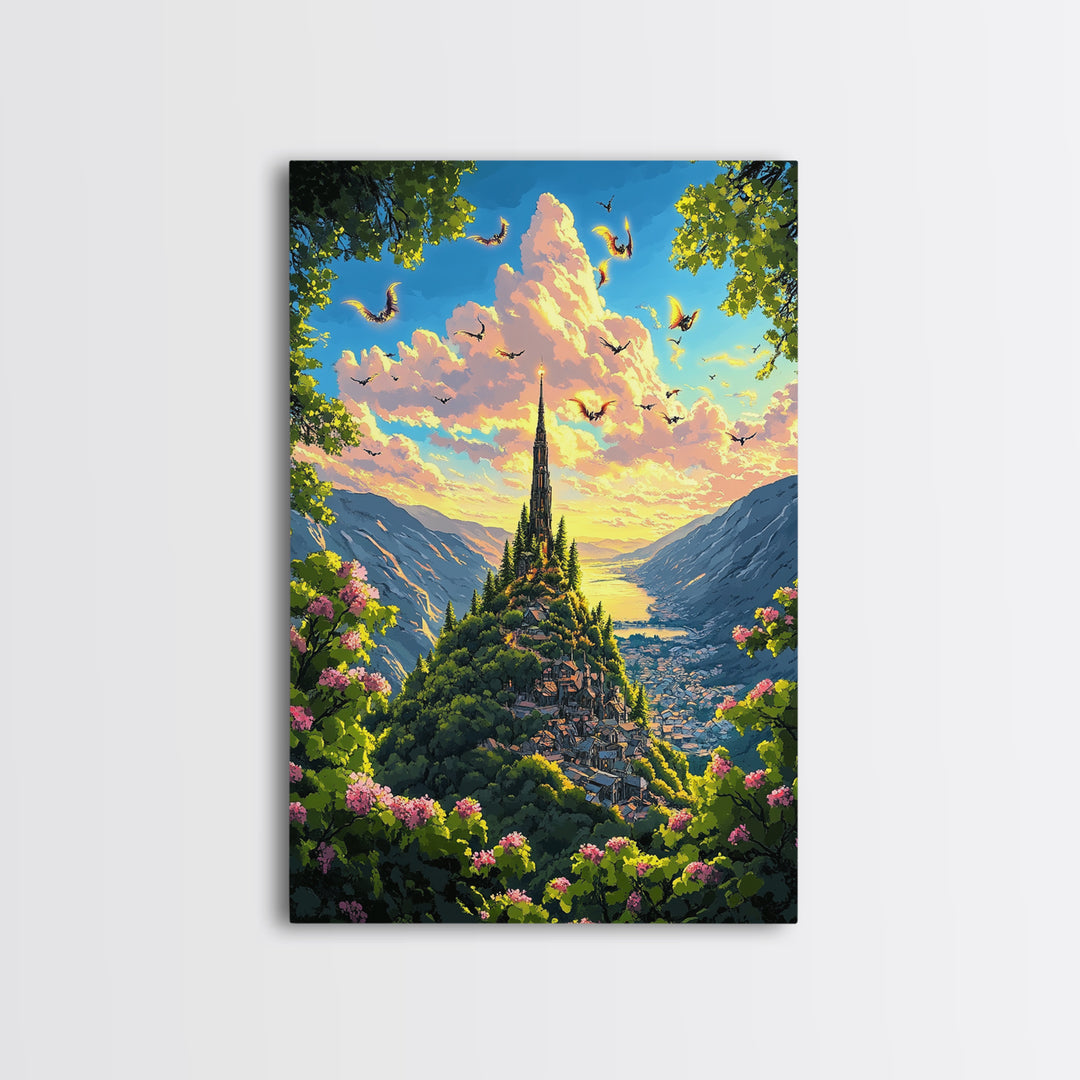 Sunlit Mountain Village With Flying Dragons Canvas Print, Fantasy Landscape Wall Art, Whimsical Home Decor, Gift For Her