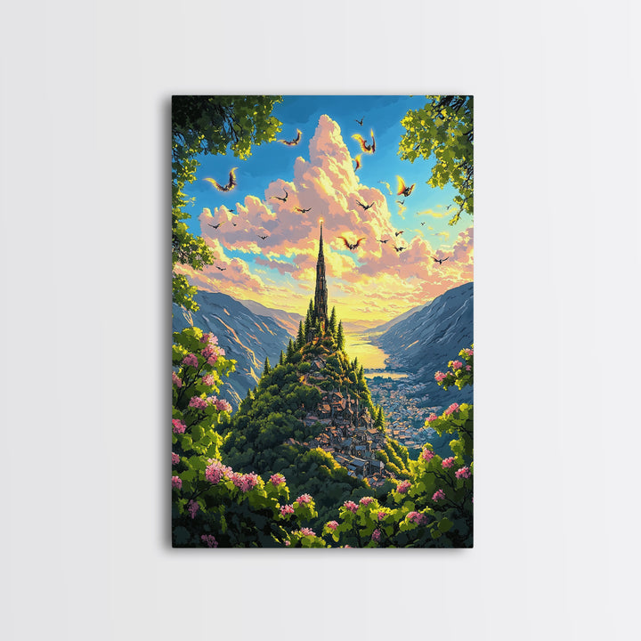 Sunlit Mountain Village With Flying Dragons Canvas Print, Fantasy Landscape Wall Art, Whimsical Home Decor, Gift For Her