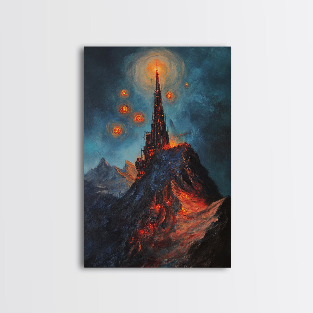 Fiery Dark Mountain Citadel With Red Orbs Canvas Print, Gothic Fantasy Wall Art, Lava Landscape, Moody Office Decor, Gift For Him